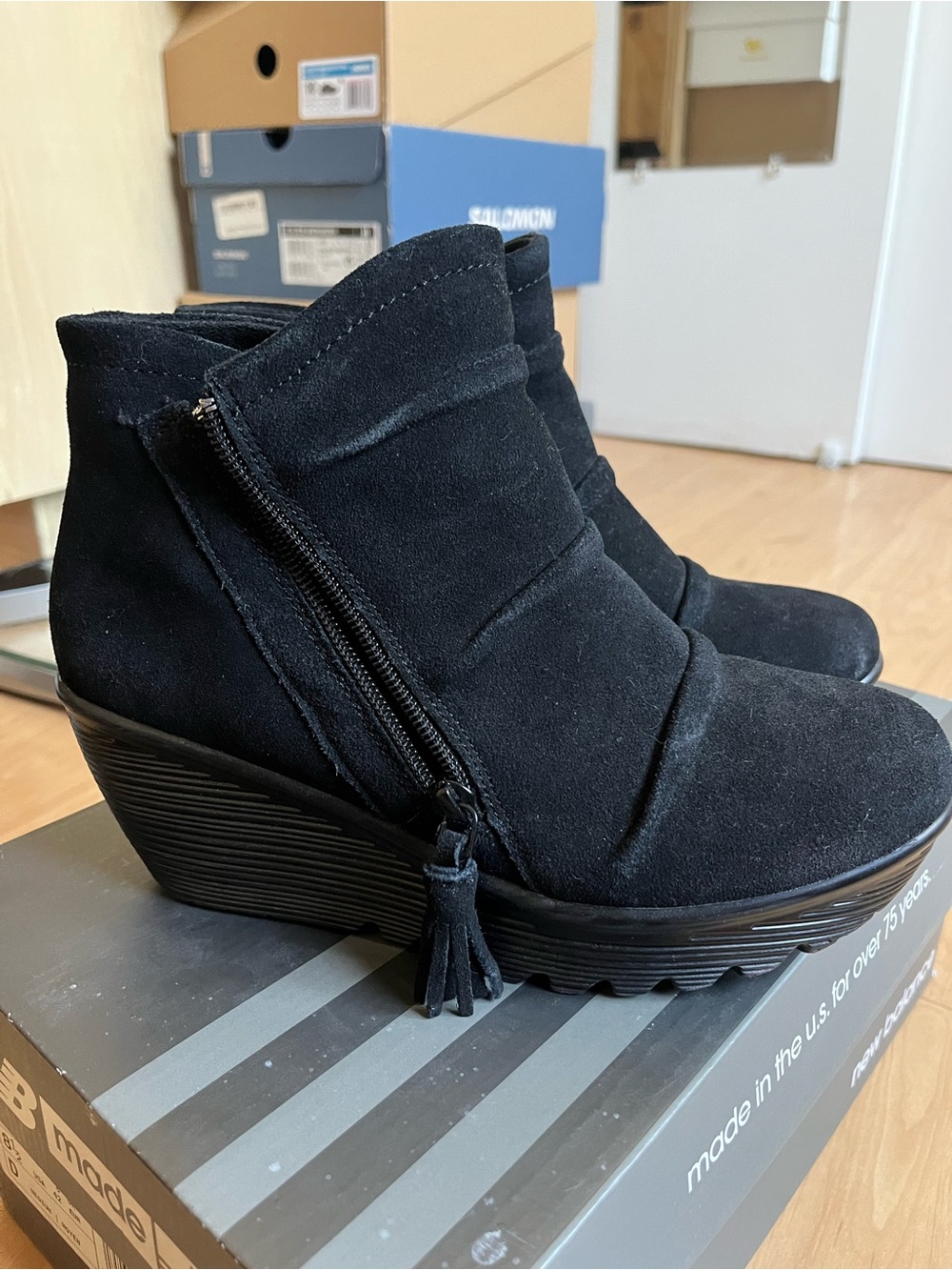 Skechers Black Suede Wedge Ankle Boots with Tassel Zip